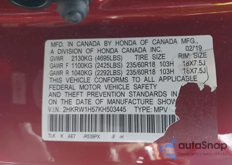 2019 Honda Cr-V Ex z USA, uszkodzony, nr VIN 2HKRW1H57KH503445